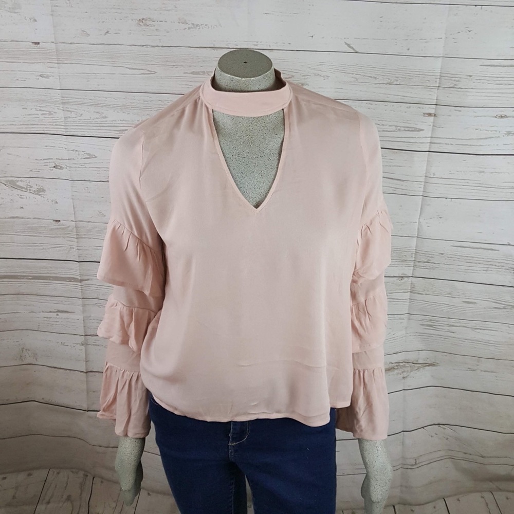 BP Pink Tiered Ruffled Sleeves Choker Neck Top